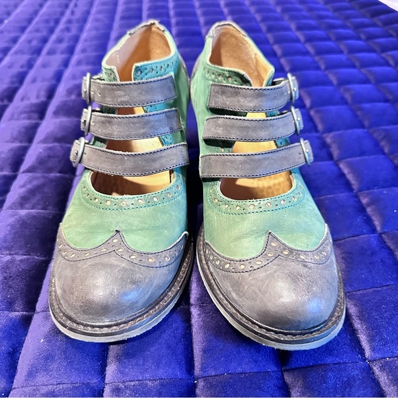 Fluevog East End Kitchener Triple Strap Mary Jane Heels in Seafoam/Grey 💚🩶 - Picture 2 of 12